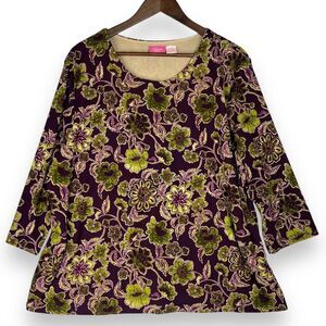 Pappagallo Floral Print Tunic Top 3/4 Sleeve Lined Blouse Purple Green 2X